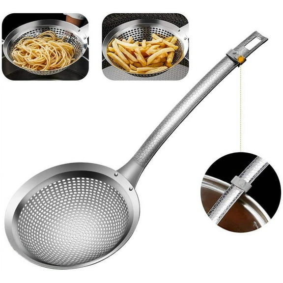 Skimmer Slotted Spoon for cooking Rustproof Fine Mesh Strainer Skimmer spoon 18/8 Stainless Steel Multi-functional metal strainer with handle(37.5*13.5CM)