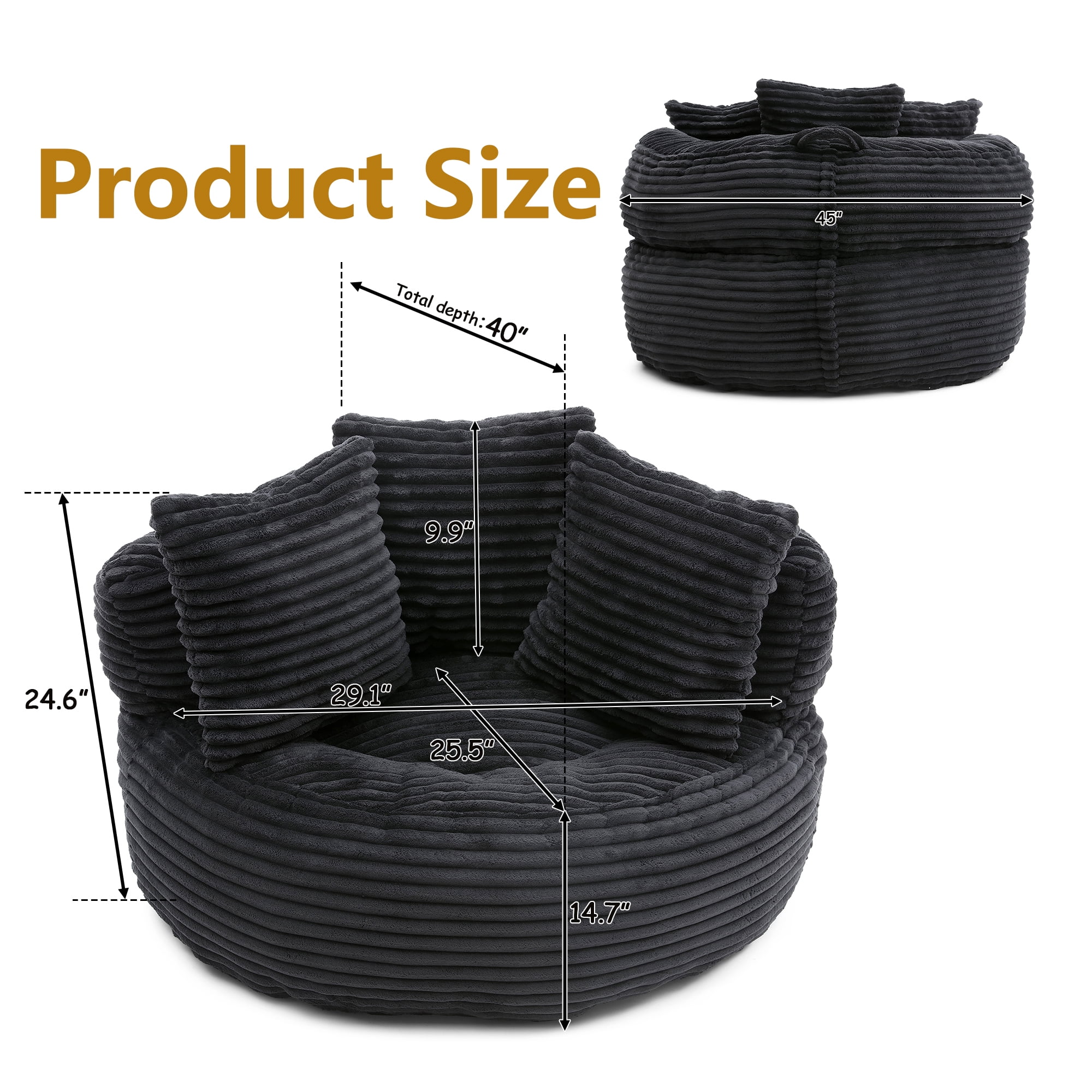 MDQMD 45"Oversized Bean Bag Chair Round with Armrests Corduroy Fabric 3 Pillows Comfy Lazy Sofa for Adults Giant Bean Bag Chair for Living Room Bedroom Gaming Reading Black