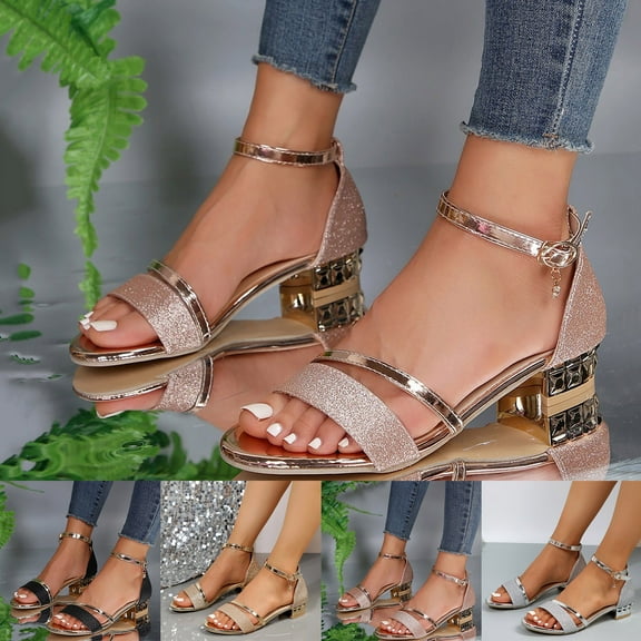 HaiMao Women's Open Toe Ankle Strap Block Chunky Heels Sandals Party Wedding Dress Pumps Shoes Dress Heeled Sandals Silver 9(43)