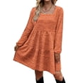 thumbnail image 2 of Vestido de manga larga, cuello cuadrado, color puro, diseño escalonado, manga abombada, vestido de túnica de verano para mujer, para fiesta, oficina, naranja S, 2 of 6