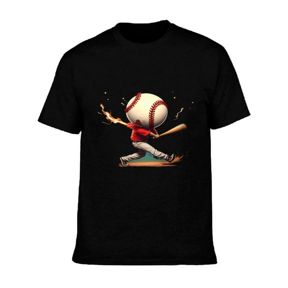 Men's Cotton Short Sleeve T-Shirt - Cartoon Baseball Swing Design Vibrant Colors Fun Graphic Tee for Sports Enthusiasts