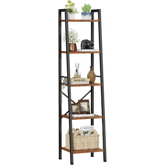 5 Tier Ladder Shelf Bookcase, Tall Narrow Bookshelf with 2 Hooks, Rustic Brown Bathroom Corner Book Shelf, Metal Wood Book Case Standing Unit, Display Shelf for Living Room Office Kitchen