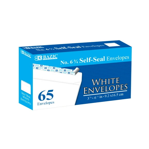 BAZIC Self Seal White Envelope 3 5/8" x 6 1/2" #6 Mailing Envelopes, 65-Count