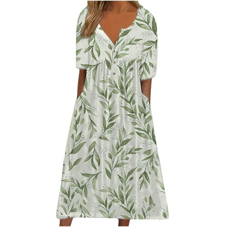 

cllios Womens Summer Dress 2023 Print Maxi Dress Short Sleeve Hawaiian Dress Crew Neck Hem Dress for Beach Vacation