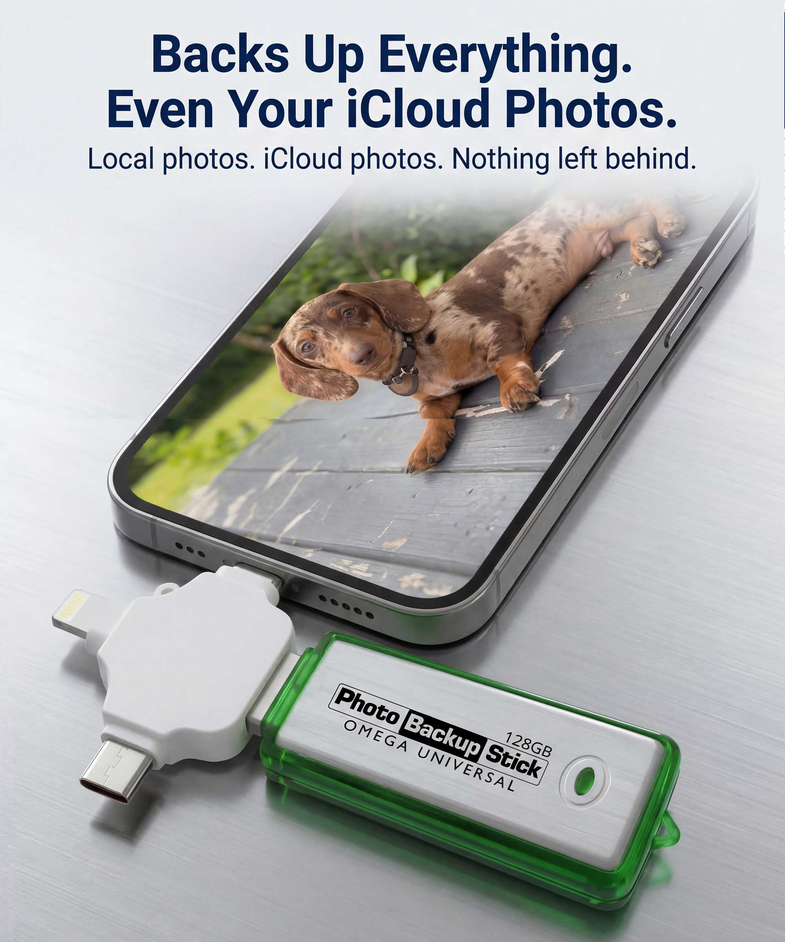 Photo Backup Stick Omega Universal Picture and Video Backup for Any Device - iPhone, Android, Computer, Tablets (128GB)