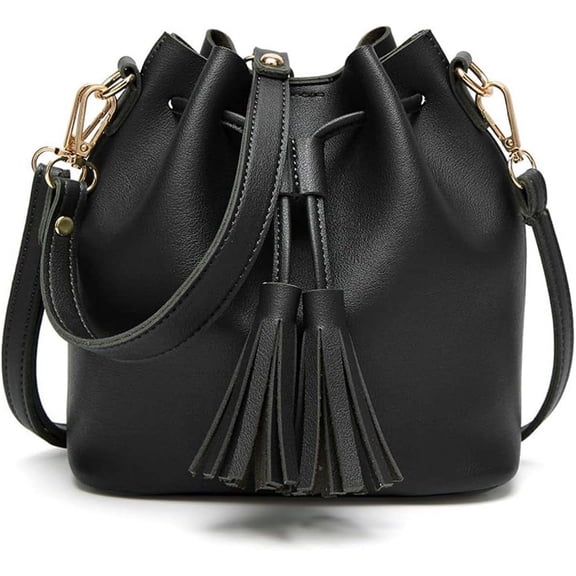 HMSHA Womens Mini Bucket Bag Leather Drawstring Handbag Tassel Shoulder Purse Retro Crossbody Wallet with Adjustable Straps