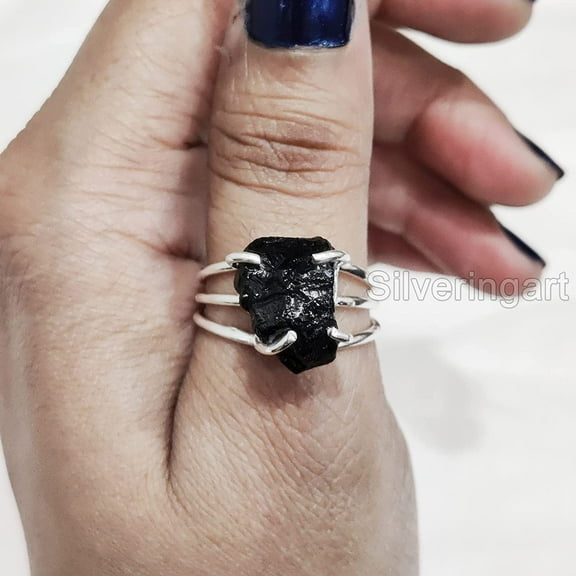Natural Black Tourmaline Ring, Rough Tourmaline Ring, October Birthstone, 3 Plain Band, 925 Sterling Silver, Womens Ring, Christmas, Thanksgiving, Handmade, Statement Jewelry, Raw Gemstone Jewelry