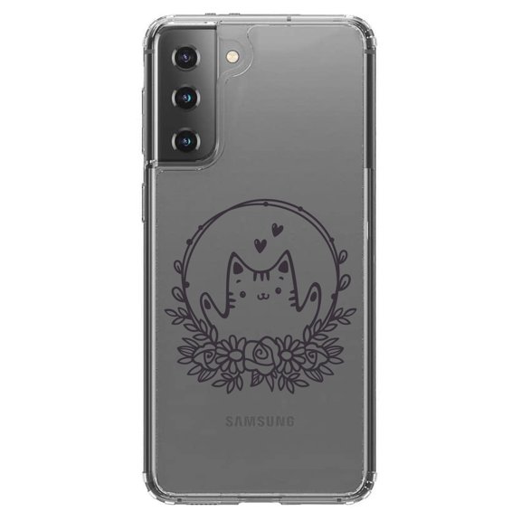 DistinctInk Clear Shockproof Hybrid Case for Galaxy S21 5G (6.2" Screen) - TPU Bumper Acrylic Back Tempered Glass Screen Protector - Valentine Cat - Wreath Hearts