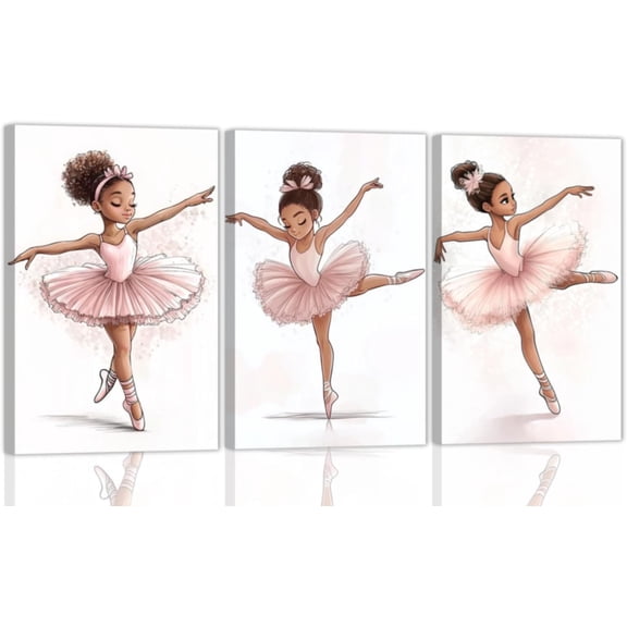 Hieng 3 Pieces Ballet Black Girl Canvas Wall Art African Americans Pictures Pink Ballet Dancer Poster Prints for Dance Room Decor Unframed