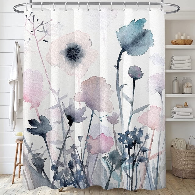 Cortina de ducha floral, diseño de flores rosas y beige, con 12 ganchos, 183 x 183 cm, tela de poliéster impermeable.