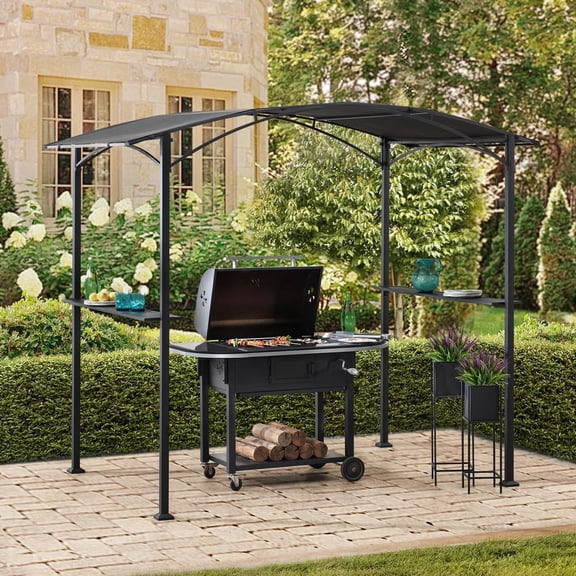 Sunjoy 8 ft. x 5 ft. Black Steel Frame Soft Top Grill Gazebo with Arch Canopy for Outdoor, Patio, Garden, Backyard Activities