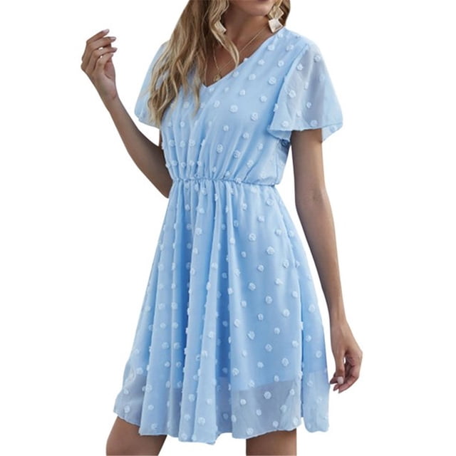 Sonducket Vestido de color sólido de manga corta con cuello en V estampado de puntos para mujer Vestidos azul claro L