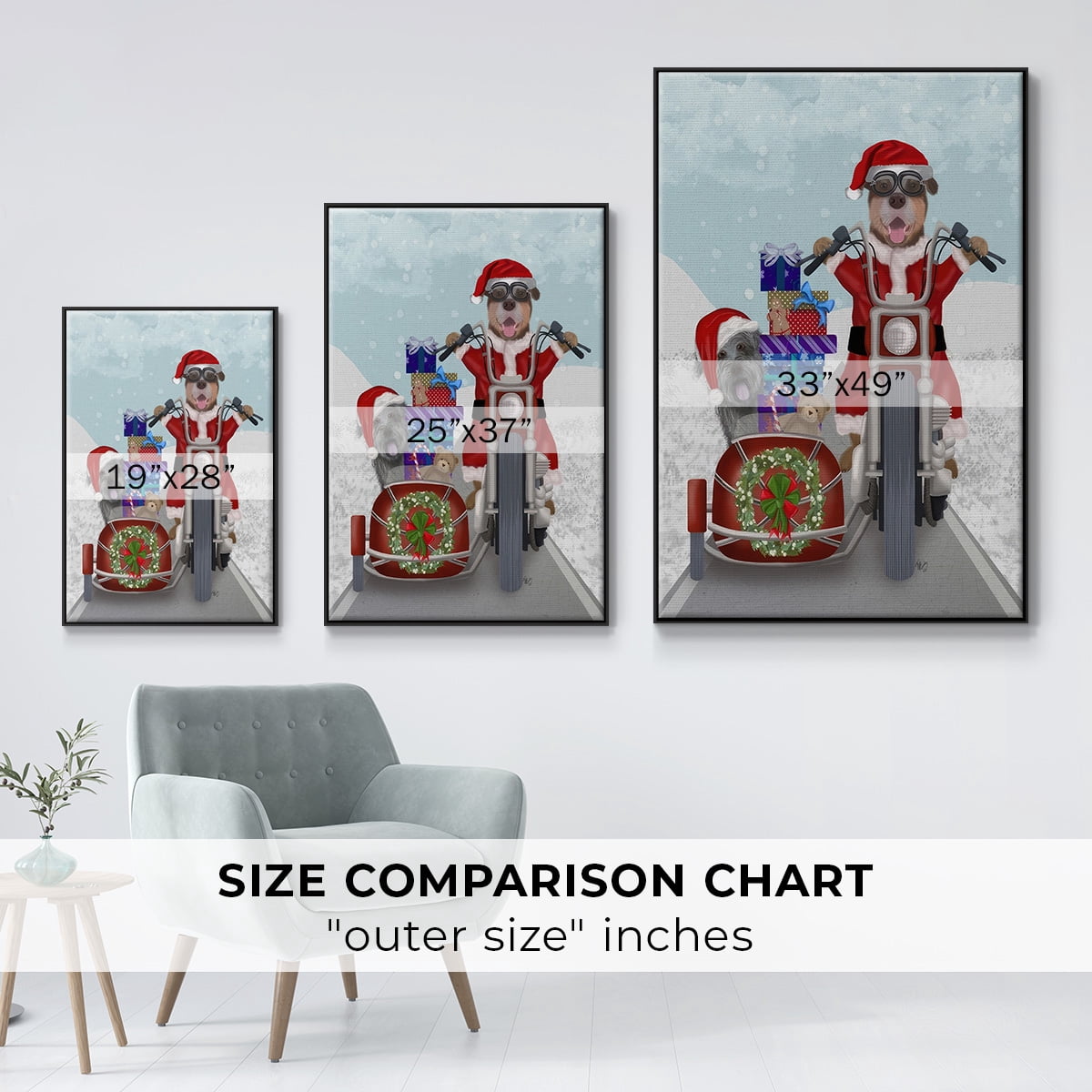 Christmas Mutts Christmas Chopper - Framed Gallery Wrapped Holiday Canvas - 27 x 41 - Black Frame