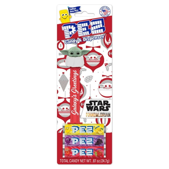 The PEZ Mandalorian Holiday Blister Pack features a Holiday themed PEZ Grogu dispenser with three PEZ Candy refills. Each individually packaged PEZ included a Christmas themed dispenser.