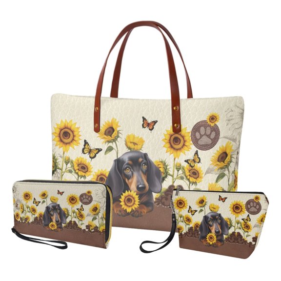 DISNIMO Dachshund Dog Print Handbag and Wallet Set Sunflower Butterfly Print Tote Shoulder Bag with Make Up Bag Fashion Top Handle Handbag for Daily Use
