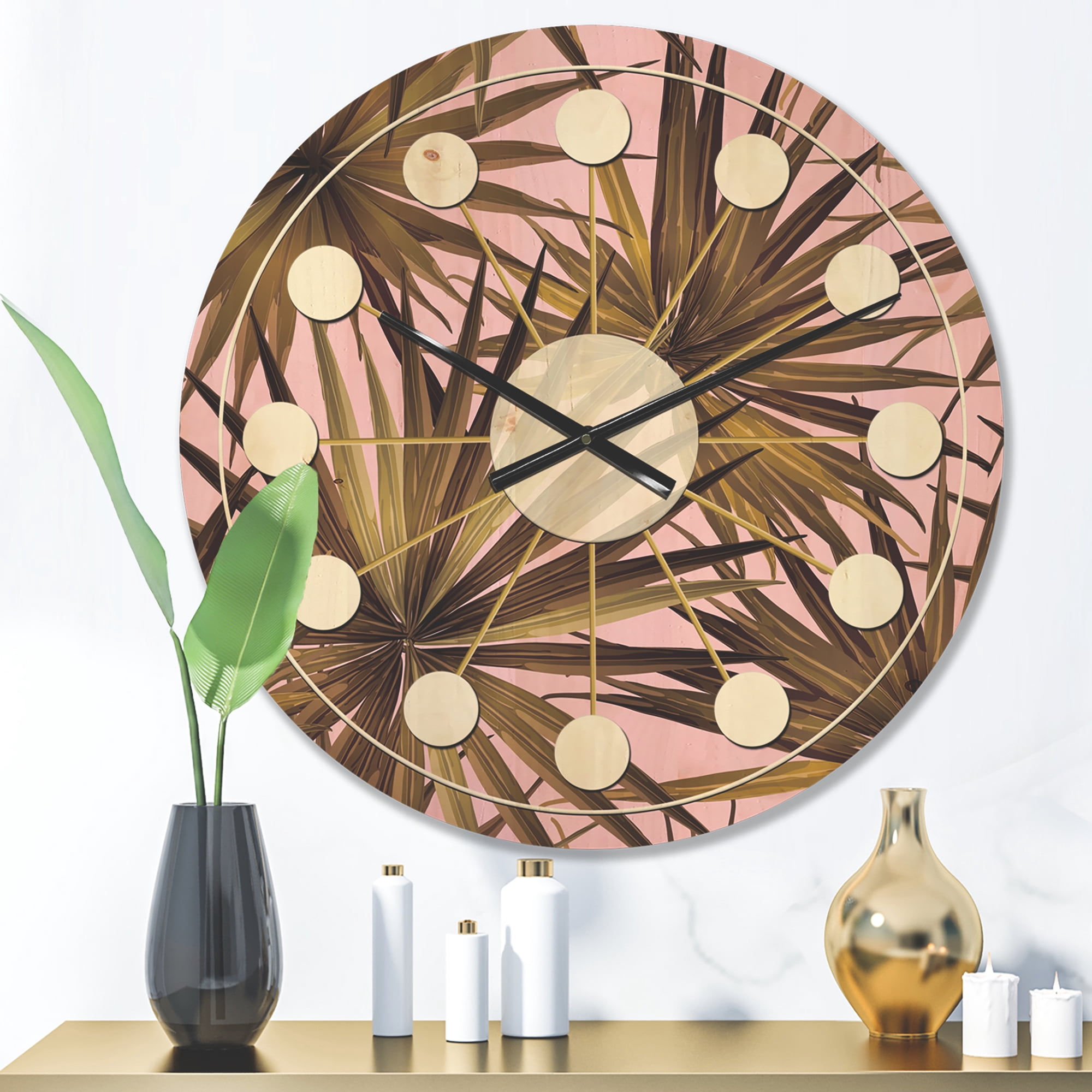 Designart 'Tropical Leaves On Pink Retro' Mid-Century Modern Wood Wall Clock