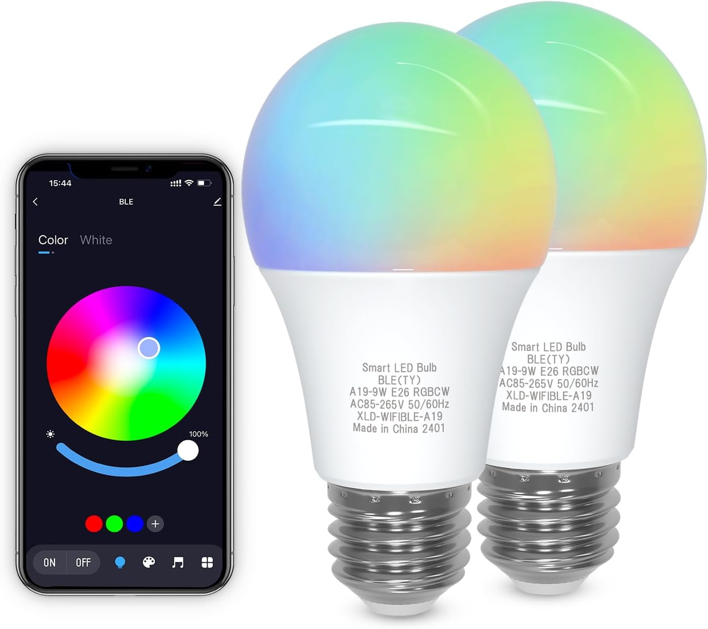 FEFEFW-Bluetooth Smart Light Bulb A19 E26,9W LED Light Bulb Color Changing APP Dimmable, 60W Equivalent RGBCW LED Bulb 900 Lumens Multicolor,2P (No WiFi Connection)