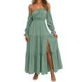 thumbnail image 2 of Dolkfu Pull-on Summer Dresses for Women Refined Boat Neck Green Long Sleeve Sundress Maxi Relaxed Fit Solid Retro Vintage Dresses Mint Green,S, 2 of 6