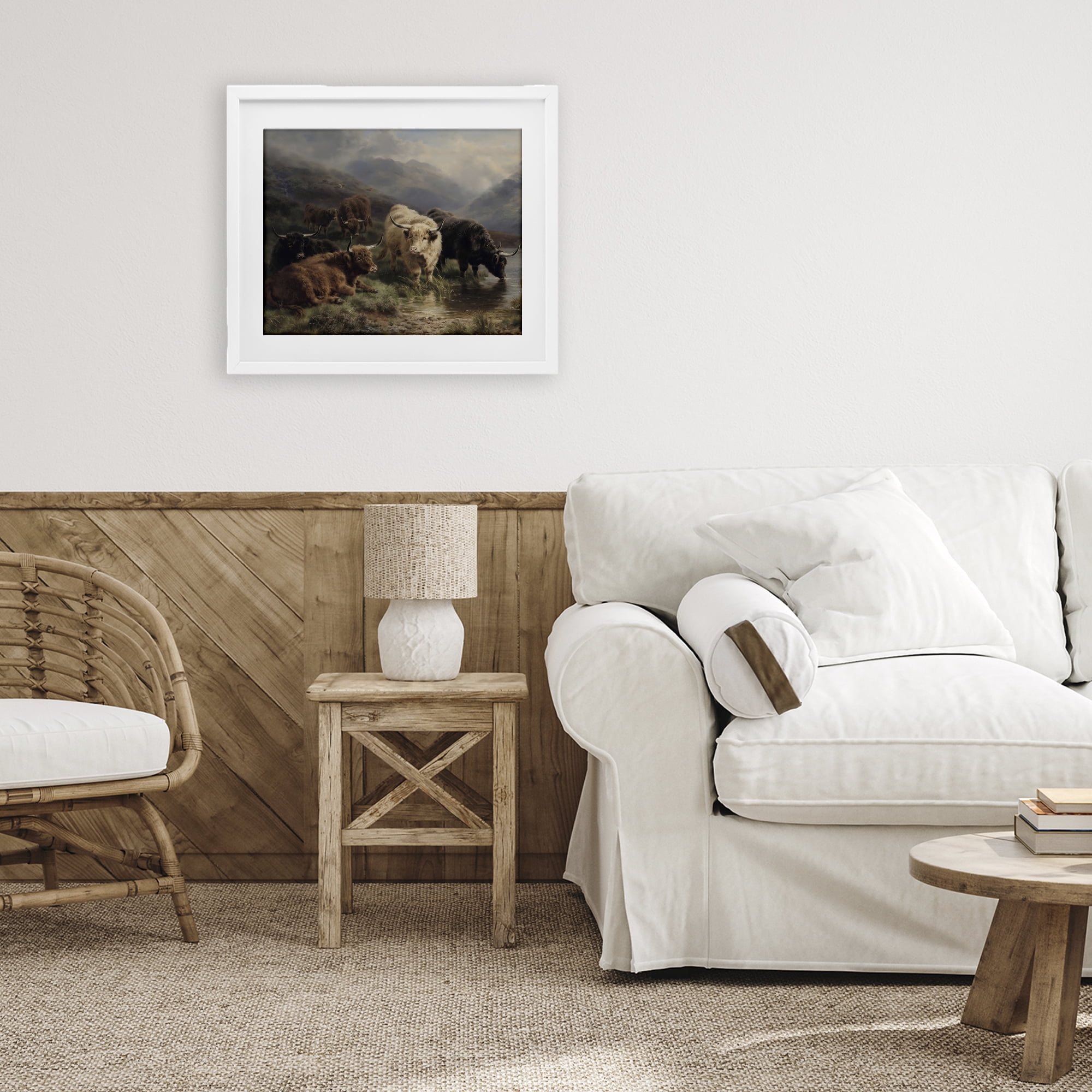 Stupell Industries Highland Cows Beside Misty Loch White Framed Print Under Glass, design by Arlington Prints