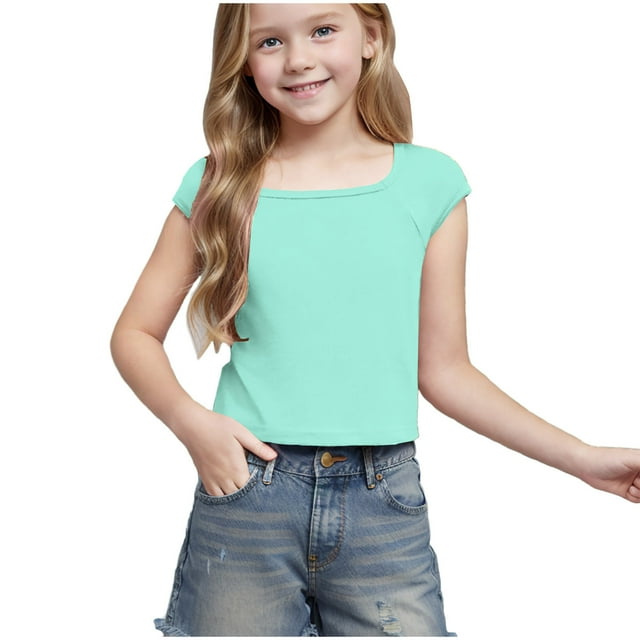 Mgmyaa T-Shirts Courts à Manches Courtes pour Filles Hauts d'Été pour Enfants Tee-Shirt Basique Col Rond Blouses 5-16 Ans