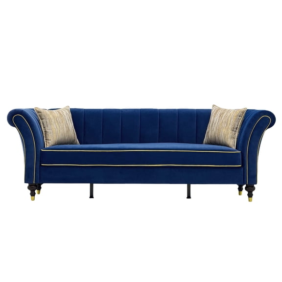 89.5 inch Navy Blue Velvet Sofa, Modern Tufted Couch with Rolled Arms, 3 Seat Living Room Sofa with Gold Accent Legs, High Density Foam Cushion and Decorative Pillows