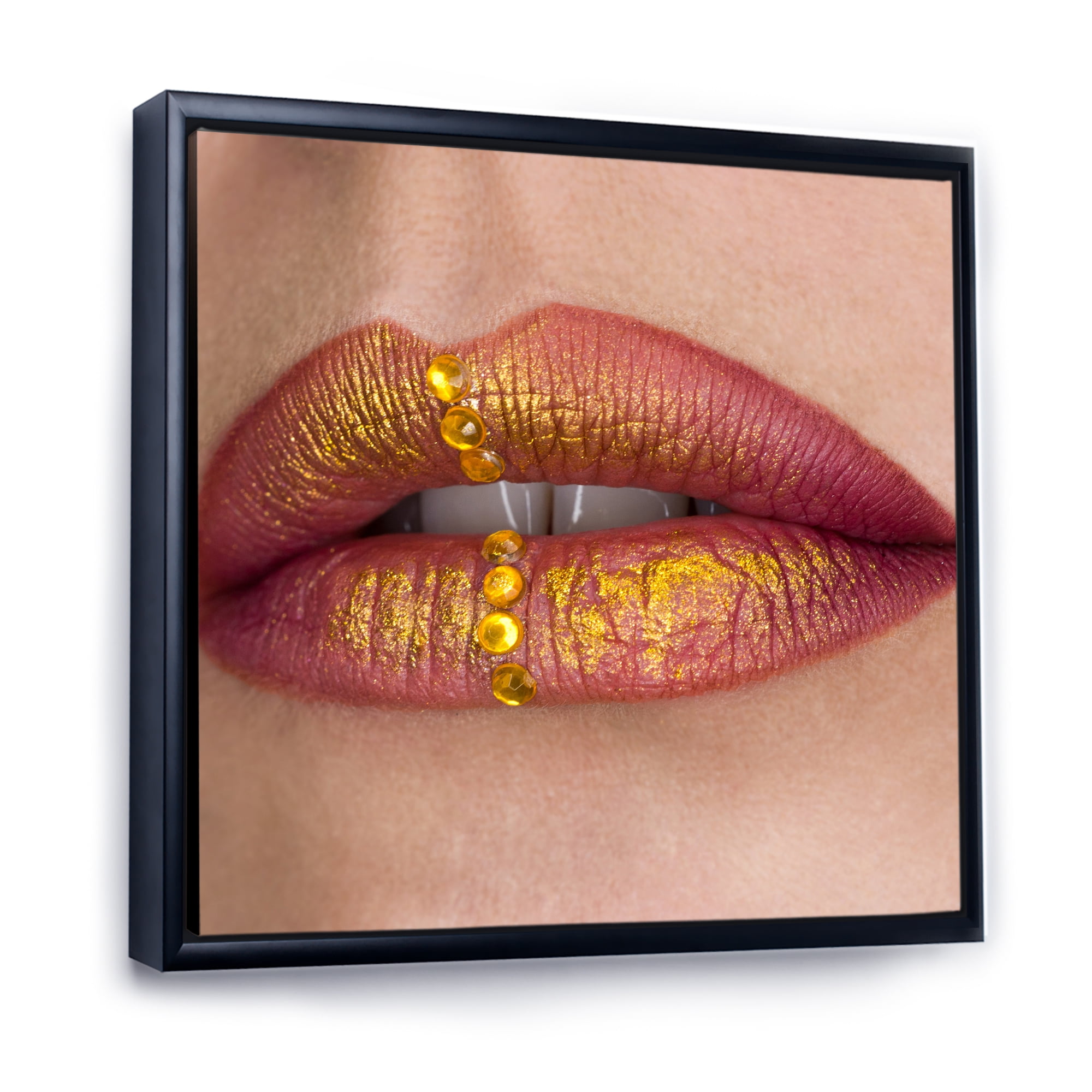 Designart 'Woman Lips Close-Up With Red Lipstick, Gold Paint' Modern Framed Canvas Wall Art Print