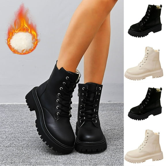 Miluxas Women Fleece Ankle Boot Warm Winter Booties Lace Up Buckle Strap Snow Boot Lug Sole Combat Booties Black 9(42)