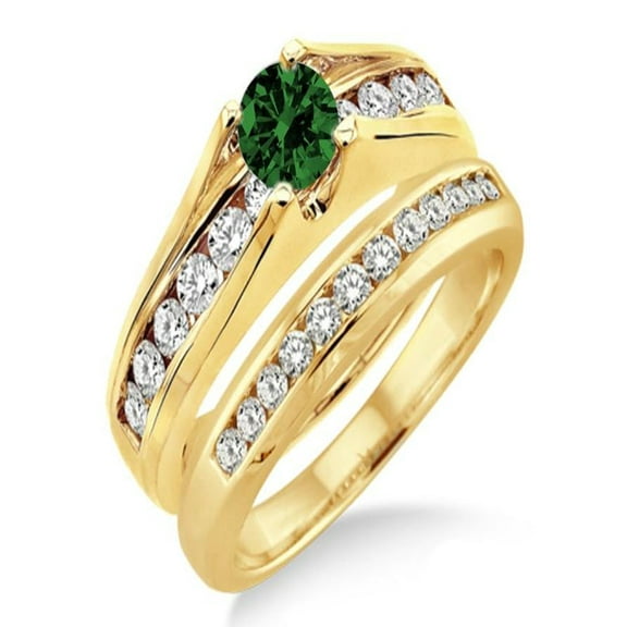1.25 Carat Emerald & Diamond Bridal Set on 10k Yellow Gold