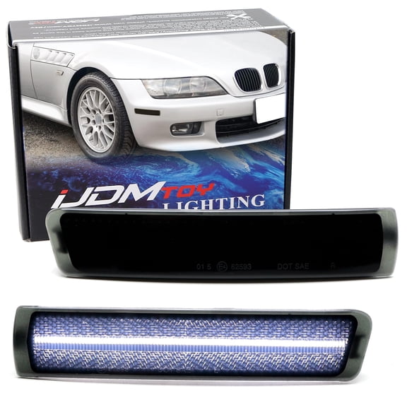 Black-Out Smoked Lens Front Bumper White Full LED Strip Side Marker Lights For 1996-2002 BMW Z3 Roadster Convertible, Z3-M Coupe