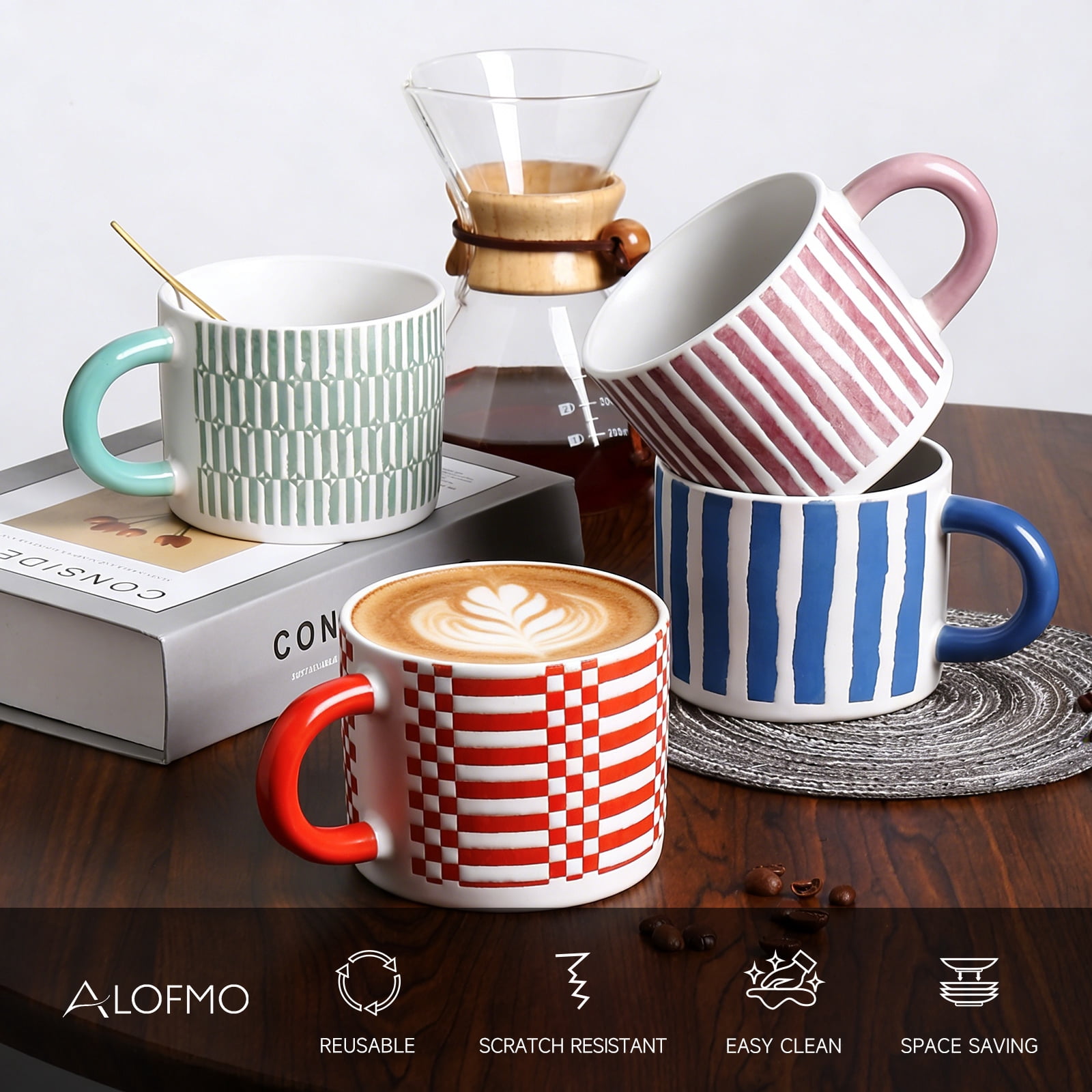 ALOFMO Ceramic Coffee Mugs Set of 4,12oz  Coffee Cups with Handles, Tea Cups, Cappuccino Cup, Latte Cup, Microwave cups for Home Office