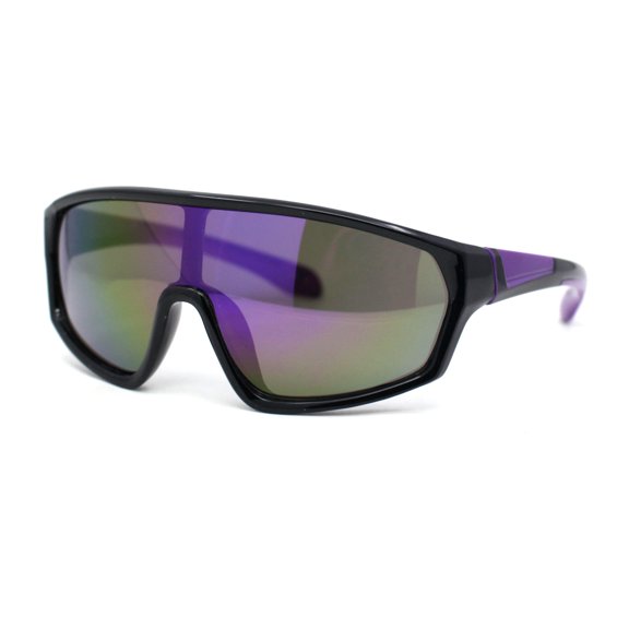 Boys Child Size Mirror Lens Wrap Shield Sport Plastic Sunglasses Black Purple - Purple Mirror