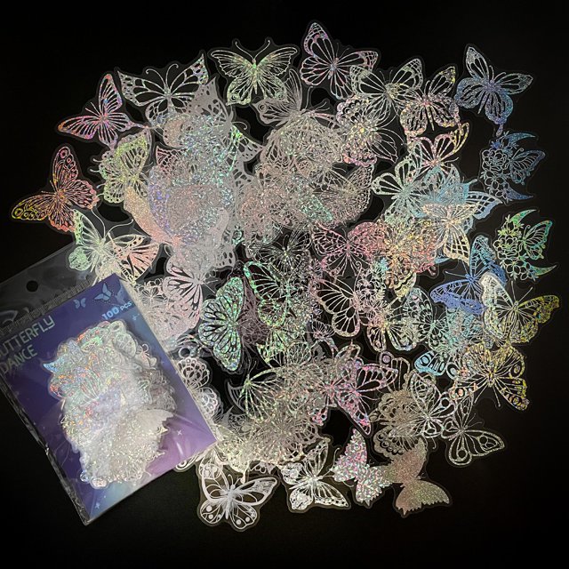 Juego de pegatinas de mariposa TUNC con purpurina holográfica 100 Uds. decorativas impermeables