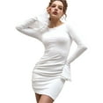 thumbnail image 4 of Robe Courte Décontractée à Manches Longues pour Femme, Col Ras du Cou, Moulante Extensible, Fête/Boîte de Nuit, Crème Blanc, P, 4 of 10