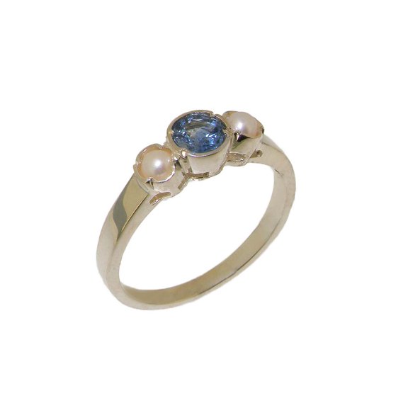 LBG British Made 925 Sterling Silver Natural Sapphire & Cultured Pearl Womens Trilogy Ring - 33 size options