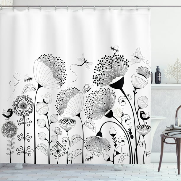Black And White Shower Curtain Small Large Blooming Flowers With Erflies Bees Creatures Nature Fabric Bathroom Set Hooks 69w X 84l Inches Extra Long By Ambesonne Com Black And White Shower Curtain Small, Large Shower Curtains