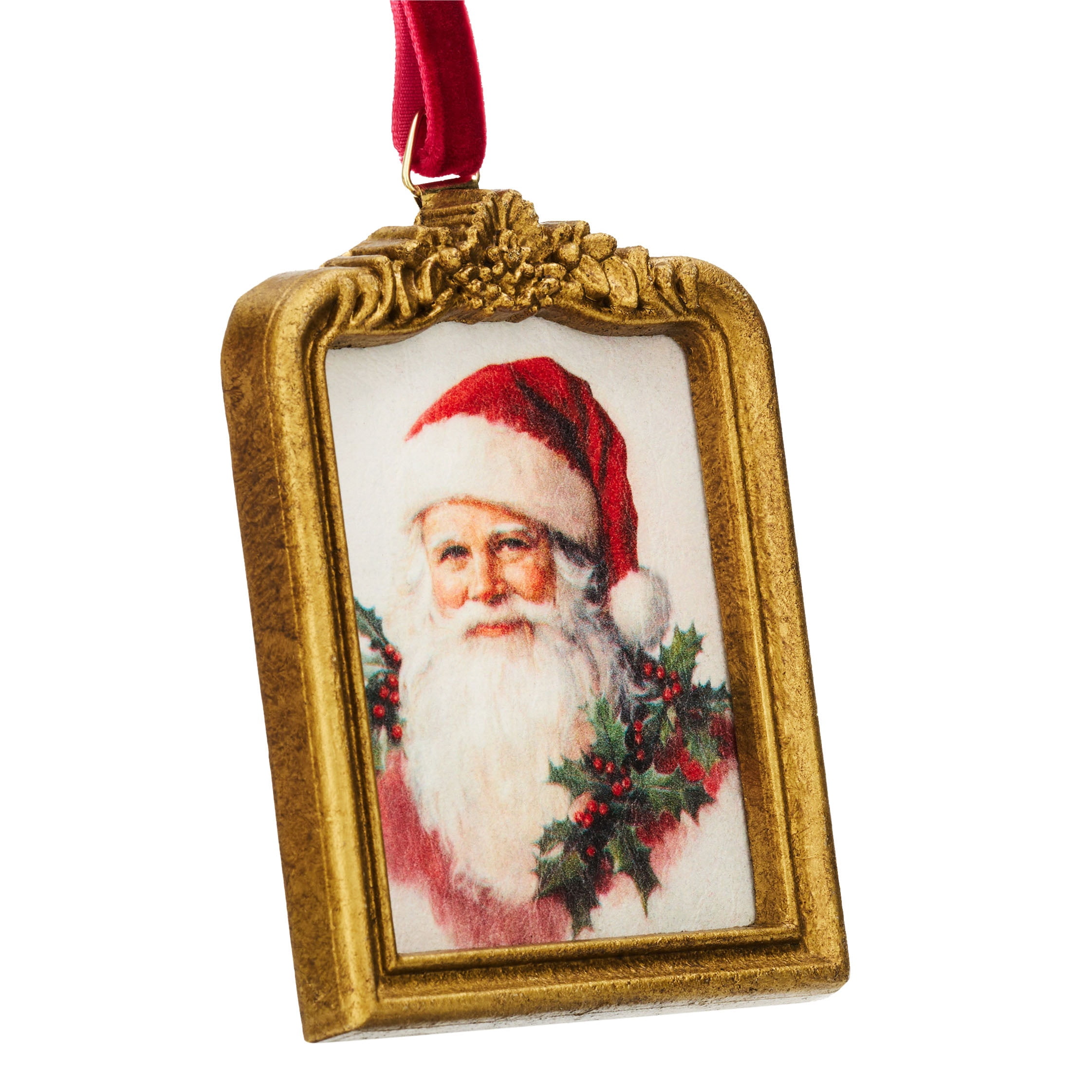 Multicolor Santa with Holly Paper Print in Frame Christmas Ornament, 4", by Holiday Time