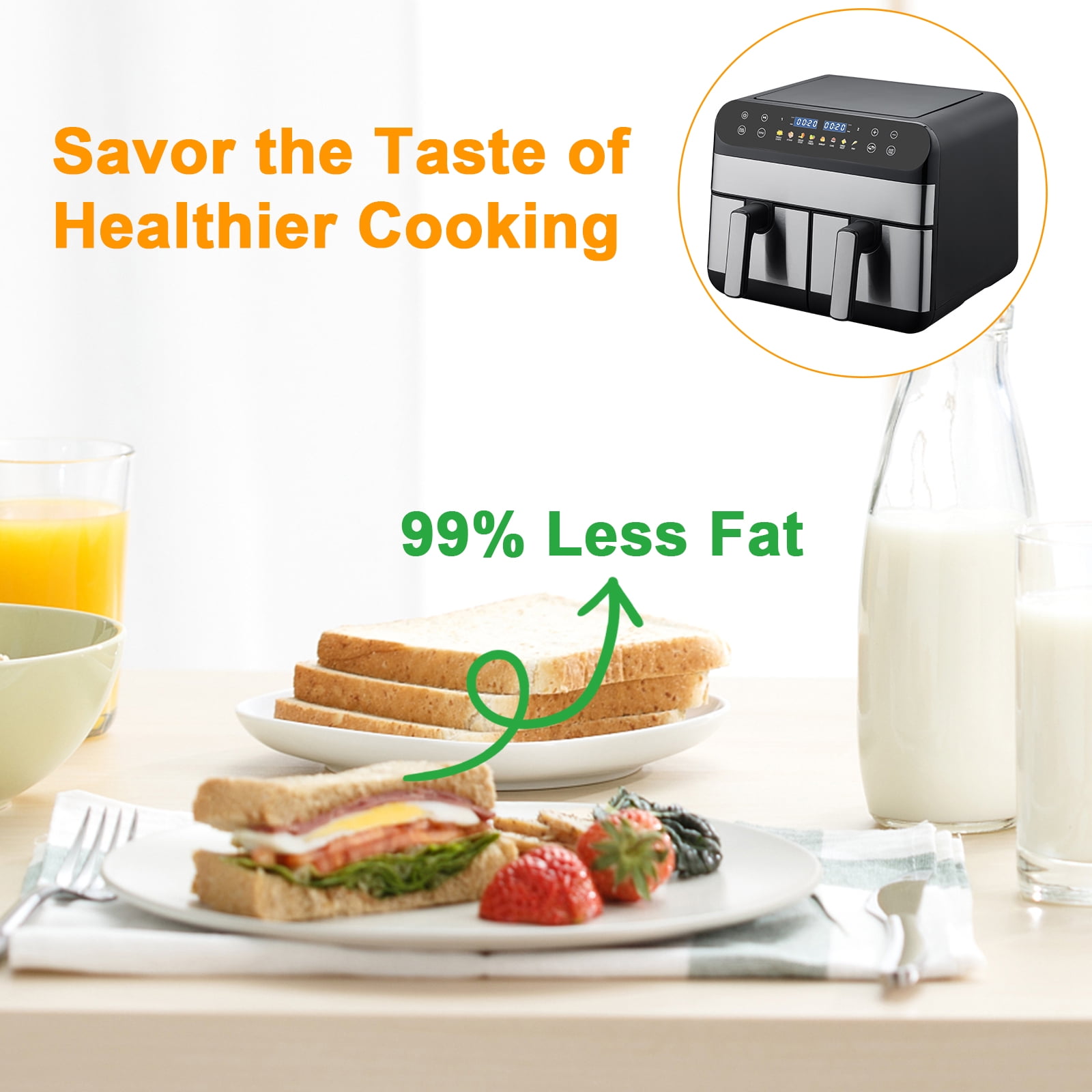 Jacgood 8In1 Dual Basket Digital Air Fryer Oven w/ Touch Screen, 2 Independent 9.5 QT Baskets For Co(图3)
