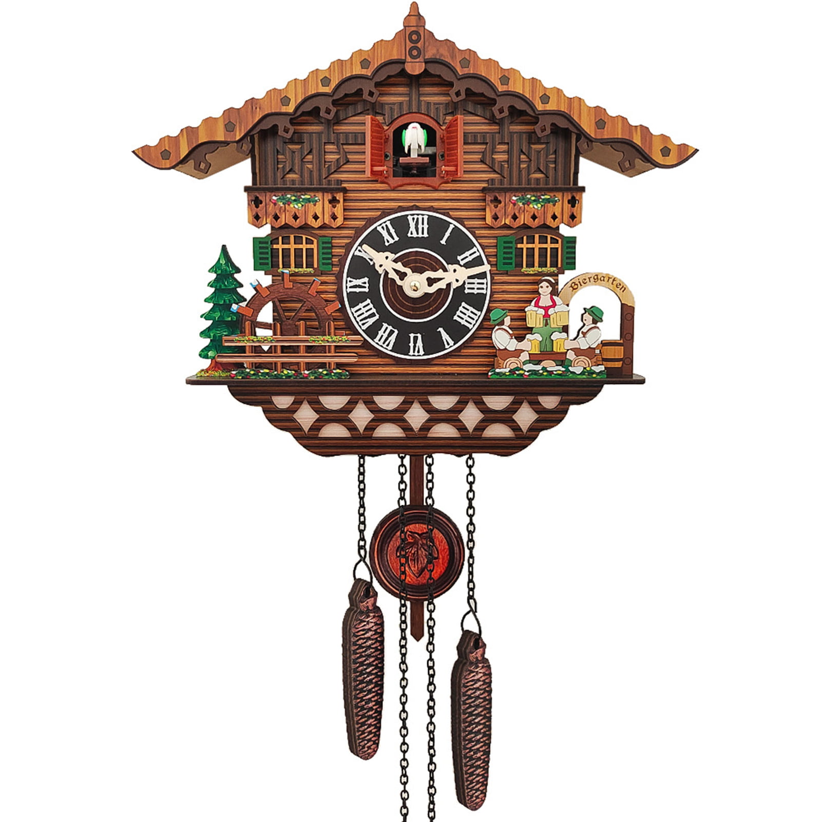 for Living Room Home Restaurant Cafe Decoration,Brass Wooden Retro Hanging Hand Craft Cuckoo Wall Clock Traditional Handcraft Forest Chalet House 