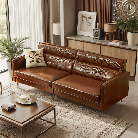 NessCarsti Mid Century Modern 3 Seater Brown Leather Sofa, 86.61 Inches， Modular Faux Leather Couch, Sectional Sofa Loveseat for Living Room