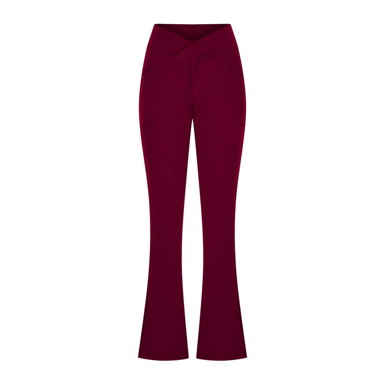 XFLWAM Yoga Pants for Women Casual V Crossover High Waist Butt Lifting Pants  Wide Leg Flare Bootcut Leggings with Pockets Wine Red L 