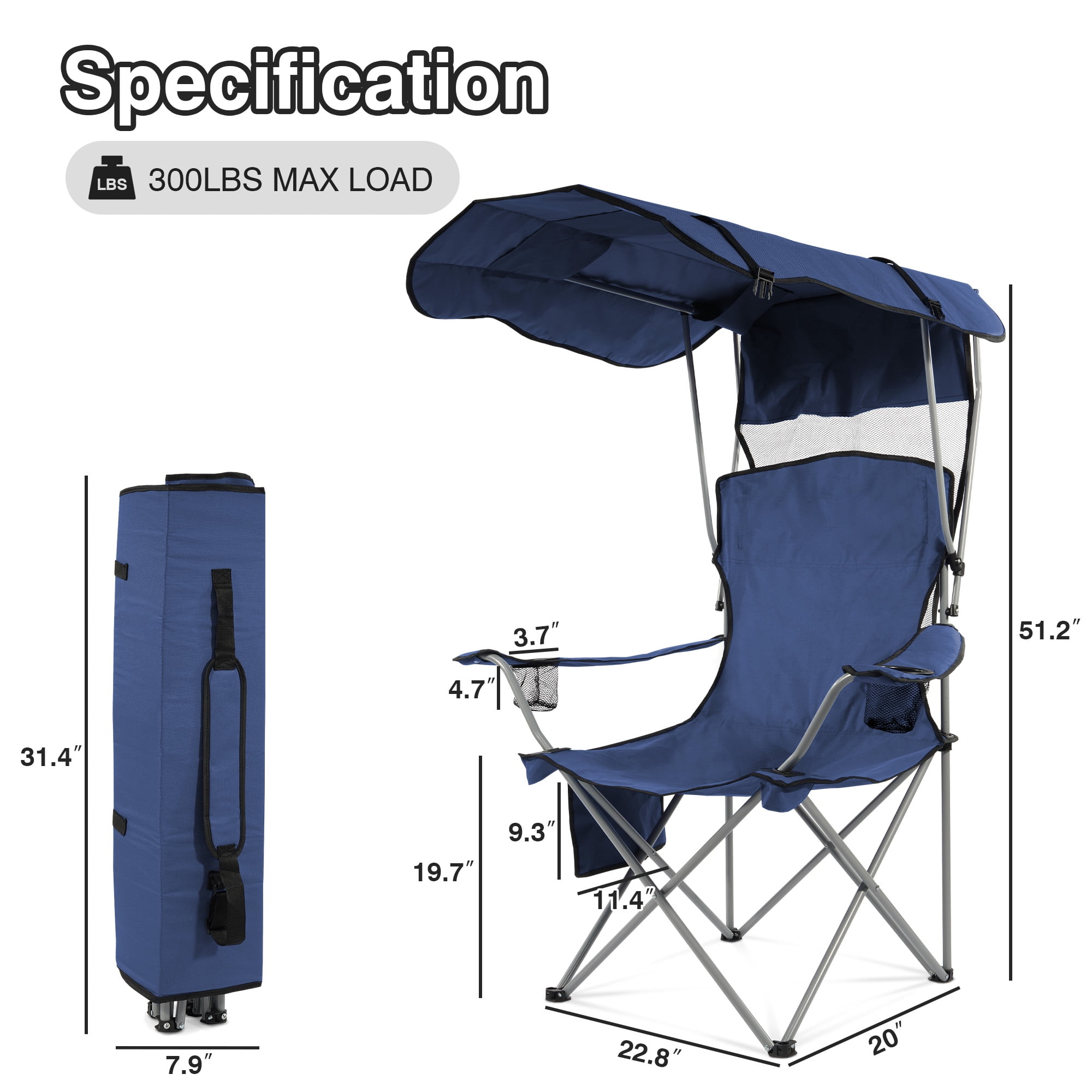 FlexWave Folding Camp Chair，Portable Outdoor Chair，with Shade & Cup Holder，for Camping, Beach, Fishing, and Sports Events