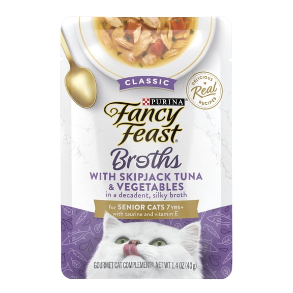 Purina Fancy Feast Broths, Wet Cat Food, Skipjack Tuna & Veggies, 1.4 oz Pouch, 16 Pack