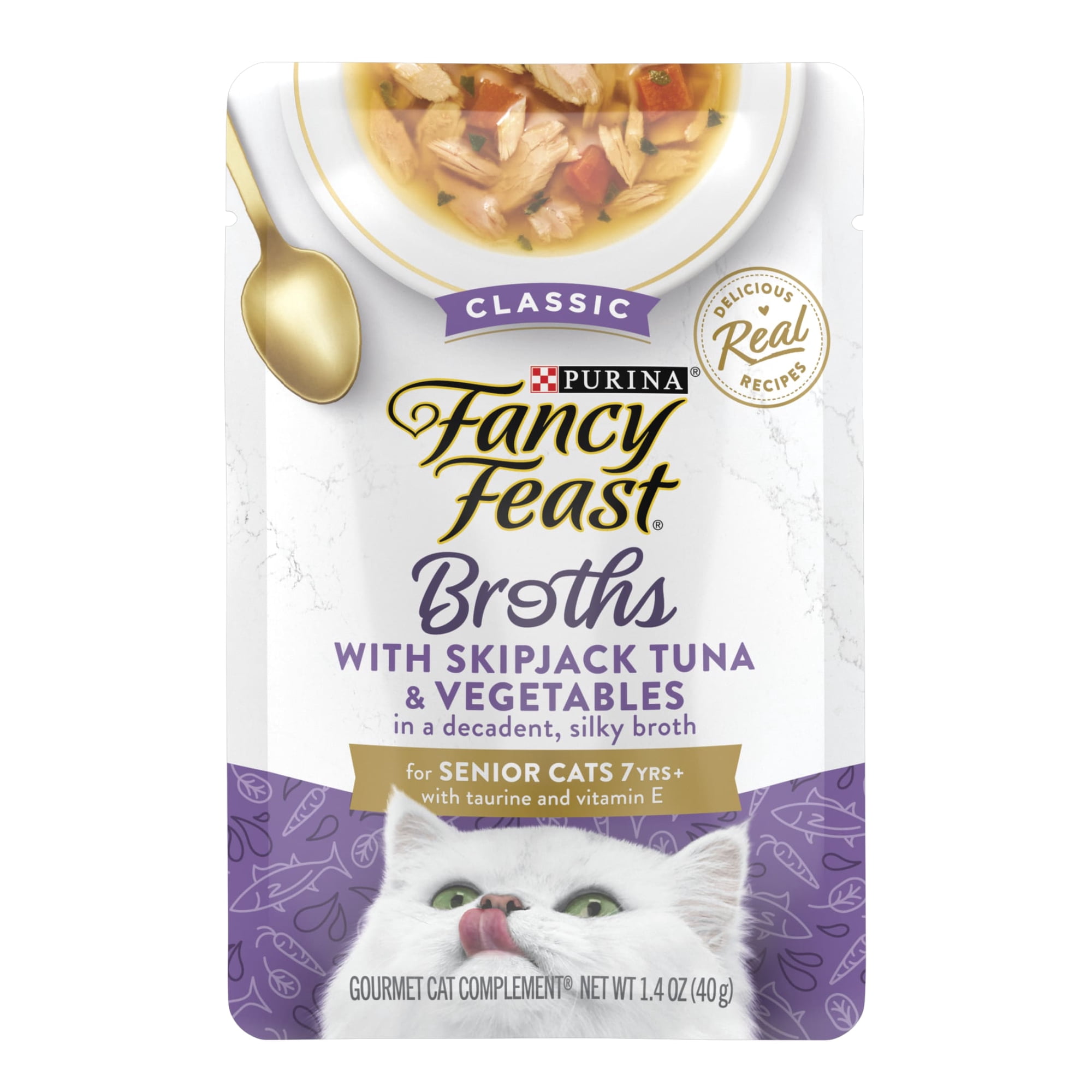 Purina Fancy Feast Broths, Wet Cat Food, Skipjack Tuna & Veggies, 1.4 oz Pouch, 16 Pack