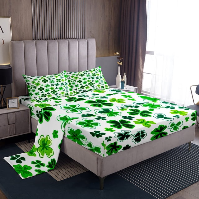 Erosebridal St. Patrick's Day Queen Sheet Sets, Shamrock Print Bedding Queen Size, Spring Holiday Decor