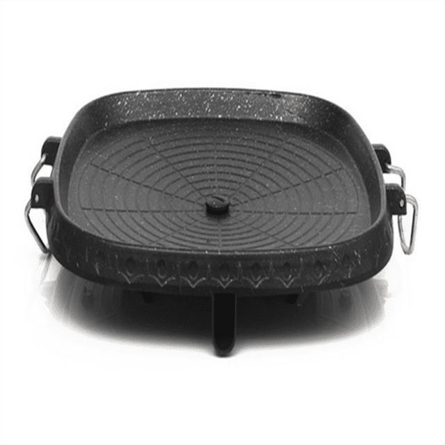 Korean BBQ Grill Pan Korean Style Square BBQ Plate with Stone Portable Gas Stove Barbecue Grill, designed with a black non-stick aluminum alloy surface featuring circular grooves for even heat distribution. Ideal for grilling meats and vegetables, its square shape and side handles make it portable and suitable for outdoor cooking and barbecue enthusiasts.