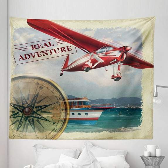 Adventure Tapestry, Real Adventure Words Coastline and a Red Airplane Journey Travel Themed Art, Fabric Wall Hanging Decor for Bedroom Living Room Dorm, 5 Sizes, Multicolor, by Ambesonne