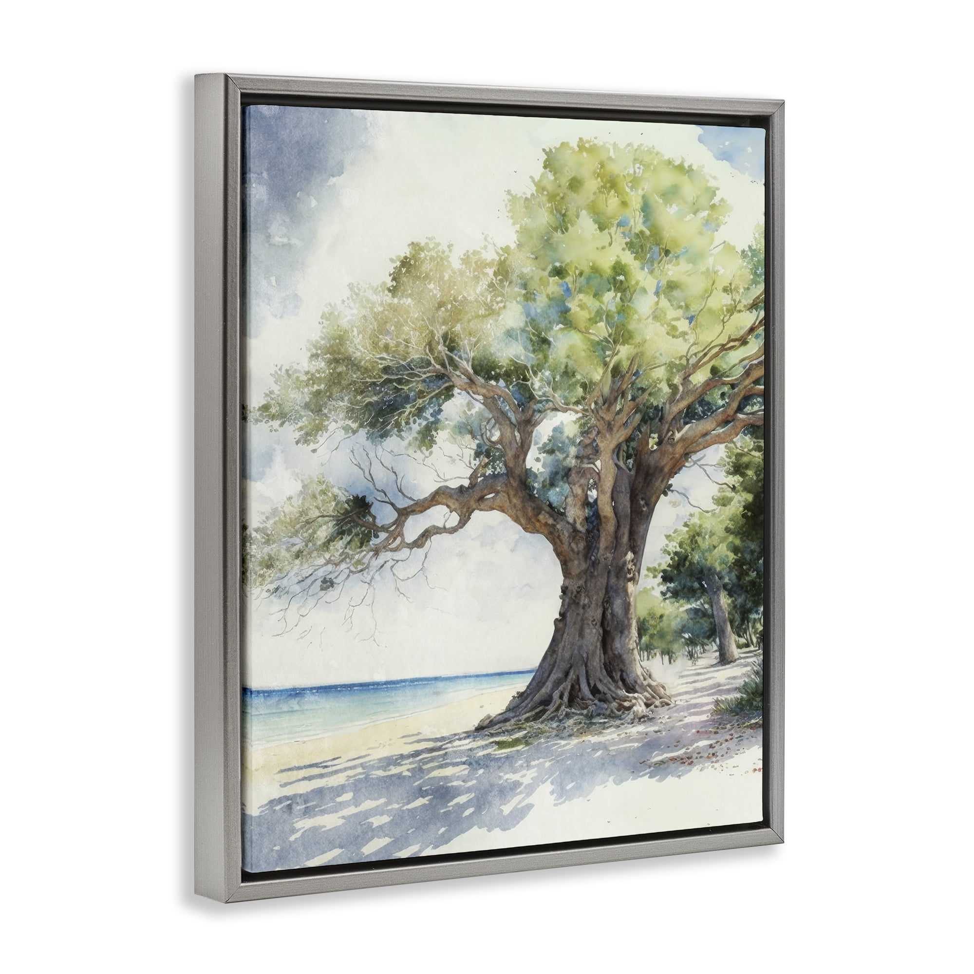 Stupell Industries Watercolor Tree on Shore Nautical & Beach Painting Gray Floater Framed Canvas Art Print Wall Art, 17 x 21