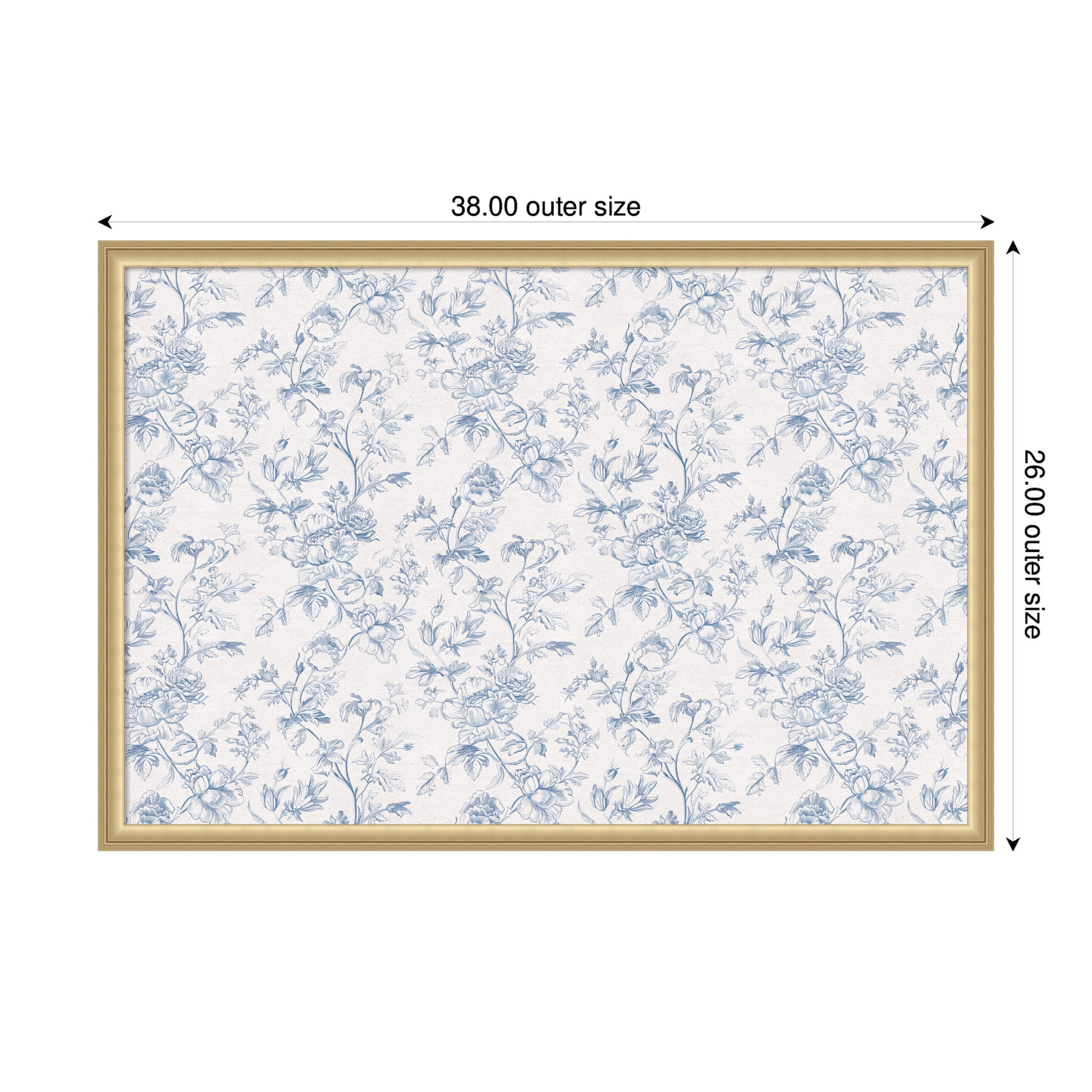 Kate and Laurel Framed Fabric Pinboard 38 x 26, Blue and White Floral Toile Printed Linen Casual Transitional Bulletin Board for Use as a Vision Board or Wall Organization, Florence Gold Frame
