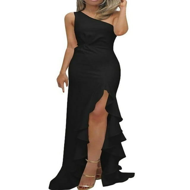 Robe Femme Aguichant à Épaules Obliques, Volants, Robe Sirène, Longue Fente, Maxi, Soirée, Bal de Promo