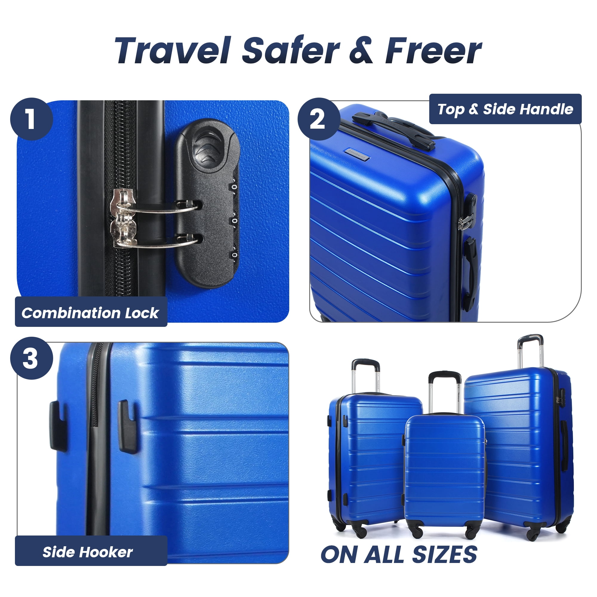 NiceTravel Luggage Set (20/24/28 inch),Hard-shell suitcase with Cup Holder(20"), Combination Locks & 360° Spinner Wheels, Blue